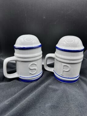 Vintage Stoneware Blue & White Salt & Pepper Shakers 5in Oversized